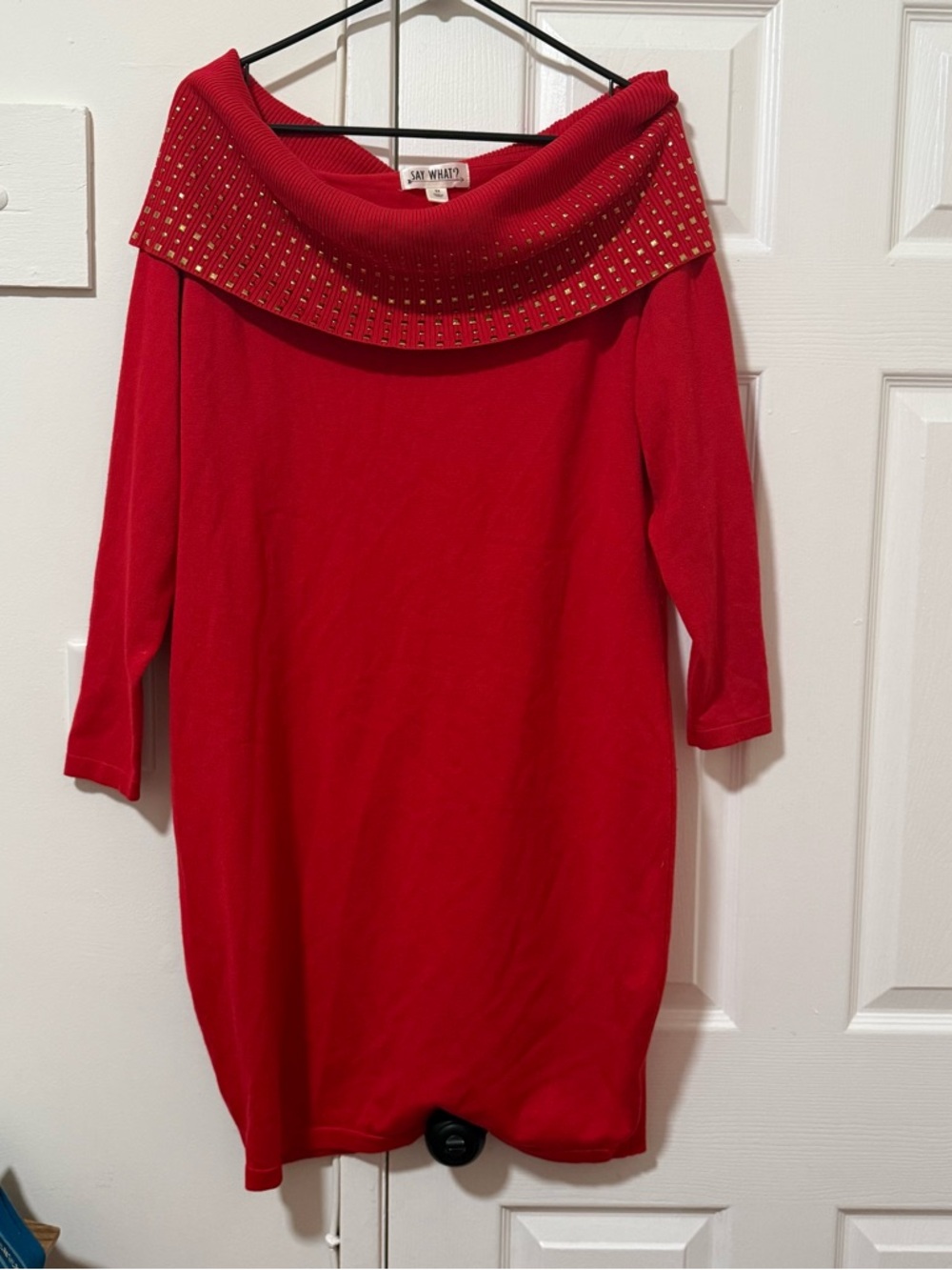 Say What? Red Studded Off-Shoulder Sweater Dress